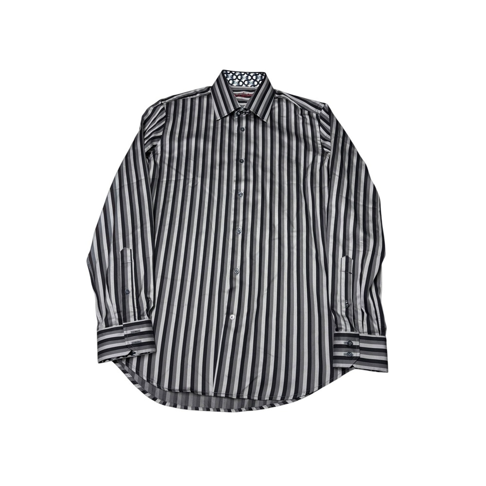 Robert Graham Mens Striped Button Down Shirt Grey Black Long Sleeve Size M 15.5